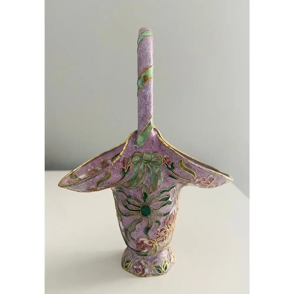 Vintage Chinese Cloisonne Lavender Purple Basket Vase Brass Floral Enamel, 6.25